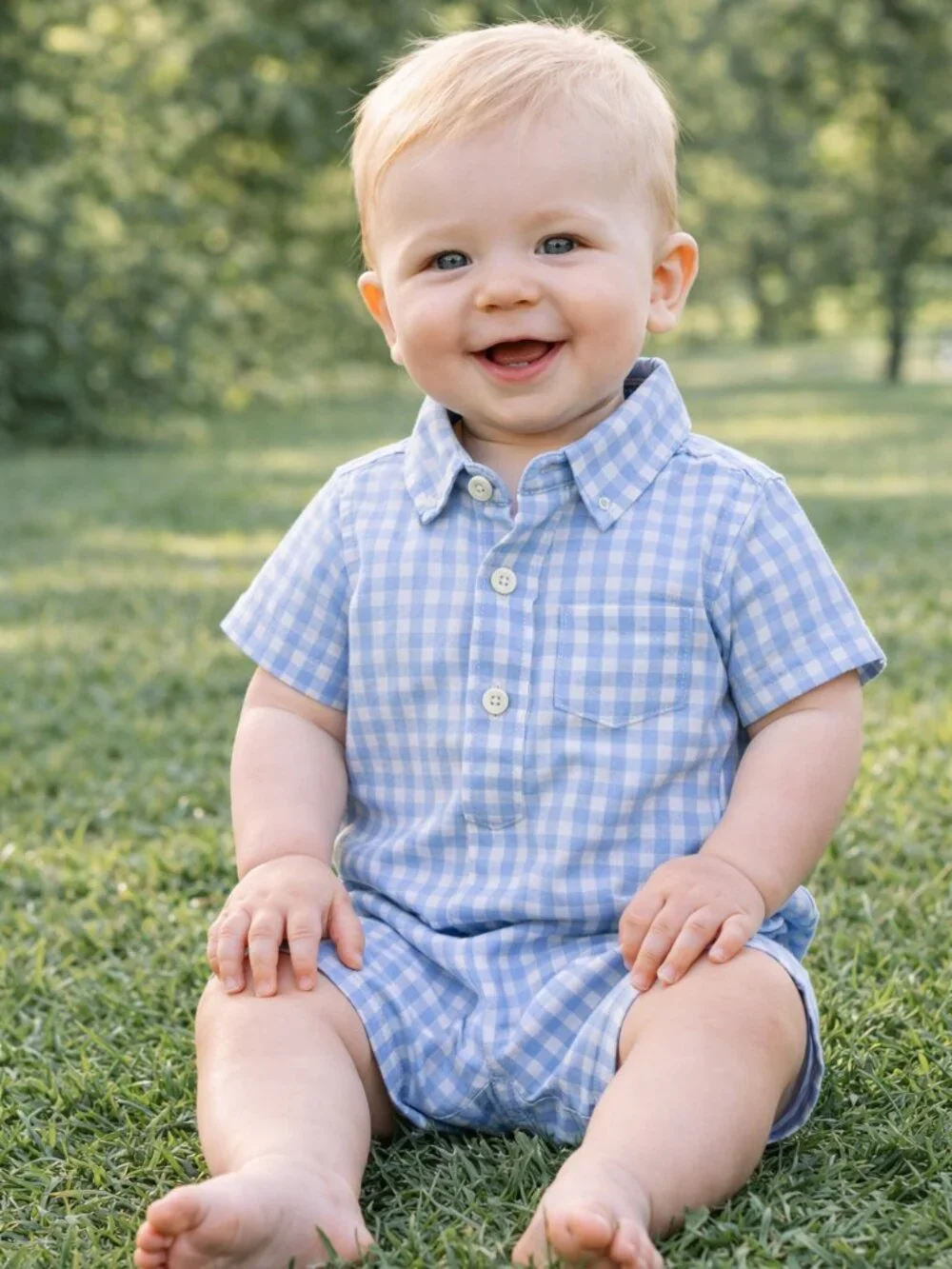 NWT Nordstrom Baby Boy Gingham Romper 6M Blue White Button Short Sleeve Outfit - Picture 2 of 3